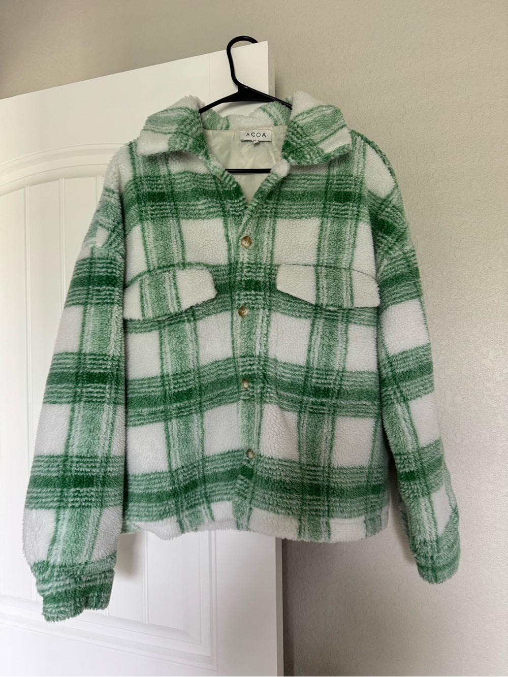 A COA Green & White Plaid Sherpa Jacket